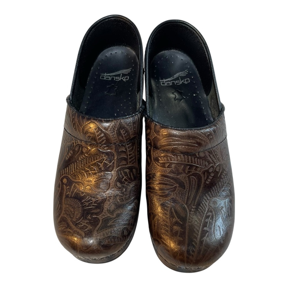 Dansko Professional Brown Tooled Leather Clogs EU 38 (US 7.5–8)